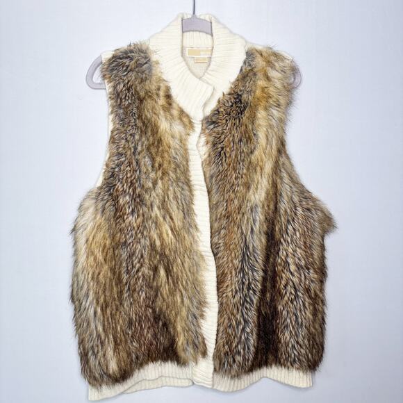 Michael Michael Kors Faux Fur Vest Size‎ 1X Wool Blend Chucky Knit Snap Front - Picture 1 of 11